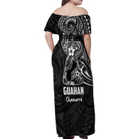Black Guam Latte Stone Tribal Tattoo Family Matching Off Shoulder Maxi Dress and Hawaiian Shirt Hafa Adai Six 7 One LT9 - Polynesian Pride