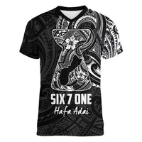 Black Guam Latte Stone Tribal Tattoo Women V-Neck T-Shirt Hafa Adai Six 7 One LT9 Female Black - Polynesian Pride