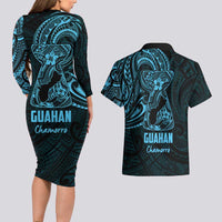 Blue Guam Latte Stone Tribal Tattoo Couples Matching Long Sleeve Bodycon Dress and Hawaiian Shirt Hafa Adai Six 7 One LT9 - Polynesian Pride