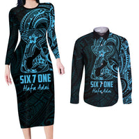 Blue Guam Latte Stone Tribal Tattoo Couples Matching Long Sleeve Bodycon Dress and Long Sleeve Button Shirt Hafa Adai Six 7 One LT9 Blue - Polynesian Pride