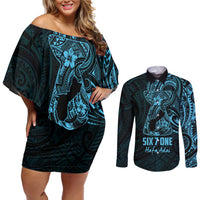 Blue Guam Latte Stone Tribal Tattoo Couples Matching Off Shoulder Short Dress and Long Sleeve Button Shirt Hafa Adai Six 7 One LT9 Blue - Polynesian Pride