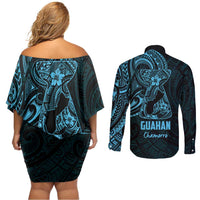 Blue Guam Latte Stone Tribal Tattoo Couples Matching Off Shoulder Short Dress and Long Sleeve Button Shirt Hafa Adai Six 7 One LT9 - Polynesian Pride