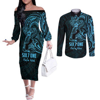 Blue Guam Latte Stone Tribal Tattoo Couples Matching Off The Shoulder Long Sleeve Dress and Long Sleeve Button Shirt Hafa Adai Six 7 One LT9 Blue - Polynesian Pride