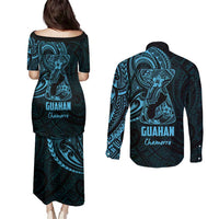 Blue Guam Latte Stone Tribal Tattoo Couples Matching Puletasi and Long Sleeve Button Shirt Hafa Adai Six 7 One LT9 - Polynesian Pride