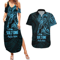 Blue Guam Latte Stone Tribal Tattoo Couples Matching Summer Maxi Dress and Hawaiian Shirt Hafa Adai Six 7 One LT9 Blue - Polynesian Pride