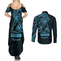 Blue Guam Latte Stone Tribal Tattoo Couples Matching Summer Maxi Dress and Long Sleeve Button Shirt Hafa Adai Six 7 One LT9 - Polynesian Pride