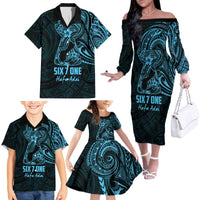 Blue Guam Latte Stone Tribal Tattoo Family Matching Off The Shoulder Long Sleeve Dress and Hawaiian Shirt Hafa Adai Six 7 One LT9 - Polynesian Pride