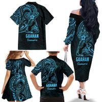 Blue Guam Latte Stone Tribal Tattoo Family Matching Off The Shoulder Long Sleeve Dress and Hawaiian Shirt Hafa Adai Six 7 One LT9 - Polynesian Pride