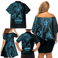 Blue Guam Latte Stone Tribal Tattoo Family Matching Off Shoulder Short Dress and Hawaiian Shirt Hafa Adai Six 7 One LT9 - Polynesian Pride