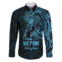Blue Guam Latte Stone Tribal Tattoo Family Matching Puletasi and Hawaiian Shirt Hafa Adai Six 7 One LT9 Dad's Shirt - Long Sleeve Blue - Polynesian Pride