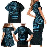 Blue Guam Latte Stone Tribal Tattoo Family Matching Short Sleeve Bodycon Dress and Hawaiian Shirt Hafa Adai Six 7 One LT9 - Polynesian Pride
