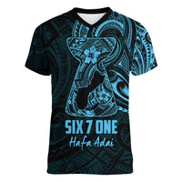 Blue Guam Latte Stone Tribal Tattoo Women V-Neck T-Shirt Hafa Adai Six 7 One LT9 Female Blue - Polynesian Pride