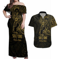 Gold Guam Latte Stone Tribal Tattoo Couples Matching Off Shoulder Maxi Dress and Hawaiian Shirt Hafa Adai Six 7 One LT9 Gold - Polynesian Pride