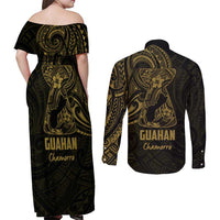 Gold Guam Latte Stone Tribal Tattoo Couples Matching Off Shoulder Maxi Dress and Long Sleeve Button Shirt Hafa Adai Six 7 One LT9 - Polynesian Pride