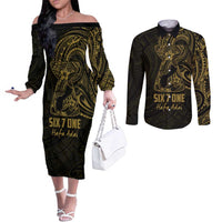 Gold Guam Latte Stone Tribal Tattoo Couples Matching Off The Shoulder Long Sleeve Dress and Long Sleeve Button Shirt Hafa Adai Six 7 One LT9 Gold - Polynesian Pride