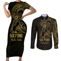 Gold Guam Latte Stone Tribal Tattoo Couples Matching Short Sleeve Bodycon Dress and Long Sleeve Button Shirt Hafa Adai Six 7 One LT9 Gold - Polynesian Pride