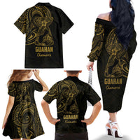 Gold Guam Latte Stone Tribal Tattoo Family Matching Off The Shoulder Long Sleeve Dress and Hawaiian Shirt Hafa Adai Six 7 One LT9 - Polynesian Pride