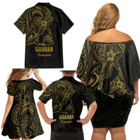 Gold Guam Latte Stone Tribal Tattoo Family Matching Off Shoulder Short Dress and Hawaiian Shirt Hafa Adai Six 7 One LT9 - Polynesian Pride