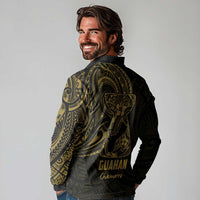 Gold Guam Latte Stone Tribal Tattoo Long Sleeve Polo Shirt Hafa Adai Six 7 One LT9 - Polynesian Pride