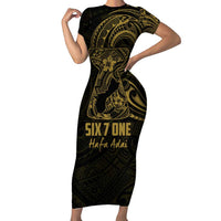 Gold Guam Latte Stone Tribal Tattoo Short Sleeve Bodycon Dress Hafa Adai Six 7 One LT9 Long Dress Gold - Polynesian Pride