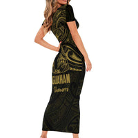 Gold Guam Latte Stone Tribal Tattoo Short Sleeve Bodycon Dress Hafa Adai Six 7 One LT9 - Polynesian Pride
