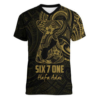 Gold Guam Latte Stone Tribal Tattoo Women V-Neck T-Shirt Hafa Adai Six 7 One LT9 Female Gold - Polynesian Pride