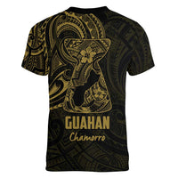 Gold Guam Latte Stone Tribal Tattoo Women V-Neck T-Shirt Hafa Adai Six 7 One LT9 - Polynesian Pride