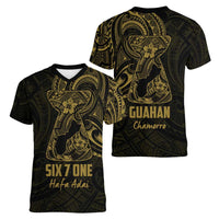 Gold Guam Latte Stone Tribal Tattoo Women V-Neck T-Shirt Hafa Adai Six 7 One LT9 - Polynesian Pride
