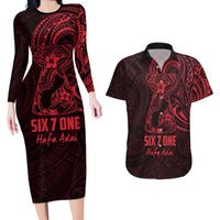 Oxblood Guam Latte Stone Tribal Tattoo Couples Matching Long Sleeve Bodycon Dress and Hawaiian Shirt Hafa Adai Six 7 One LT9 Oxblood - Polynesian Pride