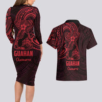 Oxblood Guam Latte Stone Tribal Tattoo Couples Matching Long Sleeve Bodycon Dress and Hawaiian Shirt Hafa Adai Six 7 One LT9 - Polynesian Pride
