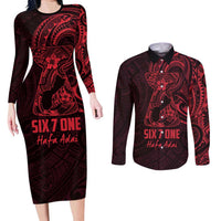 Oxblood Guam Latte Stone Tribal Tattoo Couples Matching Long Sleeve Bodycon Dress and Long Sleeve Button Shirt Hafa Adai Six 7 One LT9 Oxblood - Polynesian Pride