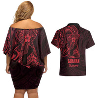 Oxblood Guam Latte Stone Tribal Tattoo Couples Matching Off Shoulder Short Dress and Hawaiian Shirt Hafa Adai Six 7 One LT9 - Polynesian Pride