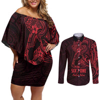 Oxblood Guam Latte Stone Tribal Tattoo Couples Matching Off Shoulder Short Dress and Long Sleeve Button Shirt Hafa Adai Six 7 One LT9 Oxblood - Polynesian Pride