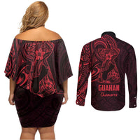 Oxblood Guam Latte Stone Tribal Tattoo Couples Matching Off Shoulder Short Dress and Long Sleeve Button Shirt Hafa Adai Six 7 One LT9 - Polynesian Pride