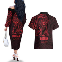 Oxblood Guam Latte Stone Tribal Tattoo Couples Matching Off The Shoulder Long Sleeve Dress and Hawaiian Shirt Hafa Adai Six 7 One LT9 - Polynesian Pride
