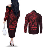 Oxblood Guam Latte Stone Tribal Tattoo Couples Matching Off The Shoulder Long Sleeve Dress and Long Sleeve Button Shirt Hafa Adai Six 7 One LT9 - Polynesian Pride