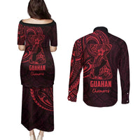 Oxblood Guam Latte Stone Tribal Tattoo Couples Matching Puletasi and Long Sleeve Button Shirt Hafa Adai Six 7 One LT9 - Polynesian Pride
