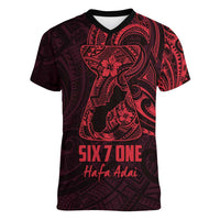 Oxblood Guam Latte Stone Tribal Tattoo Women V-Neck T-Shirt Hafa Adai Six 7 One LT9 Female Oxblood - Polynesian Pride