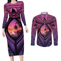 Guam Chamorro Artsy Couples Matching Long Sleeve Bodycon Dress and Long Sleeve Button Shirt Guahan Sunset Beach LT9 Sunset - Polynesian Pride