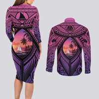 Guam Chamorro Artsy Couples Matching Long Sleeve Bodycon Dress and Long Sleeve Button Shirt Guahan Sunset Beach LT9 - Polynesian Pride