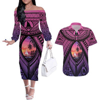 Guam Chamorro Artsy Couples Matching Off The Shoulder Long Sleeve Dress and Hawaiian Shirt Guahan Sunset Beach LT9 Sunset - Polynesian Pride
