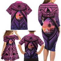 Guam Chamorro Artsy Family Matching Long Sleeve Bodycon Dress and Hawaiian Shirt Guahan Sunset Beach LT9 - Polynesian Pride
