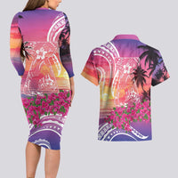 Guam Latte Stone with Map Couples Matching Long Sleeve Bodycon Dress and Hawaiian Shirt Bougainvillea Beach Sunset LT9 - Polynesian Pride