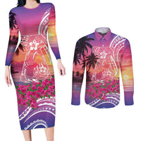 Guam Latte Stone with Map Couples Matching Long Sleeve Bodycon Dress and Long Sleeve Button Shirt Bougainvillea Beach Sunset LT9 Sunset - Polynesian Pride