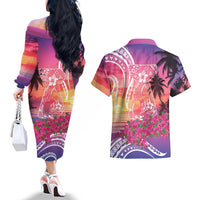 Guam Latte Stone with Map Couples Matching Off The Shoulder Long Sleeve Dress and Hawaiian Shirt Bougainvillea Beach Sunset LT9 - Polynesian Pride