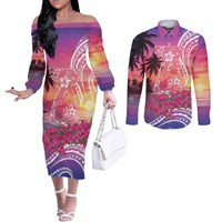 Guam Latte Stone with Map Couples Matching Off The Shoulder Long Sleeve Dress and Long Sleeve Button Shirt Bougainvillea Beach Sunset LT9 Sunset - Polynesian Pride