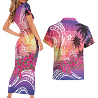Guam Latte Stone with Map Couples Matching Short Sleeve Bodycon Dress and Hawaiian Shirt Bougainvillea Beach Sunset LT9 - Polynesian Pride