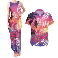 Guam Latte Stone with Map Couples Matching Tank Maxi Dress and Hawaiian Shirt Bougainvillea Beach Sunset LT9 Sunset - Polynesian Pride