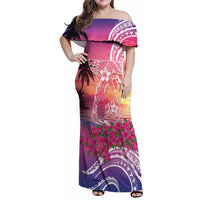 Guam Latte Stone with Map Family Matching Off Shoulder Maxi Dress and Hawaiian Shirt Bougainvillea Beach Sunset LT9 Mom's Dress Sunset - Polynesian Pride