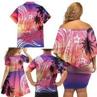 Guam Latte Stone with Map Family Matching Off Shoulder Short Dress and Hawaiian Shirt Bougainvillea Beach Sunset LT9 - Polynesian Pride